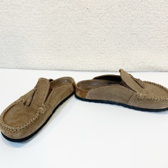 Papillio Birkenstock Tassle Slide On Loafer Worn In 38 Rare Tan Taupe Boho - Picture 5 of 6